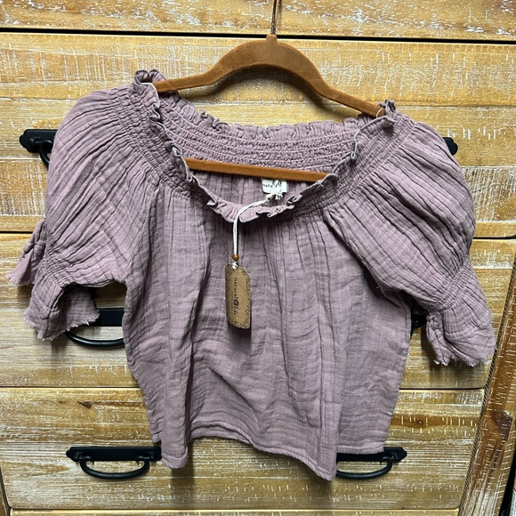 NATURAL LIFE Tops - NATURAL LIFE Purple Smocked Ruffled Short Sleeve Blouse